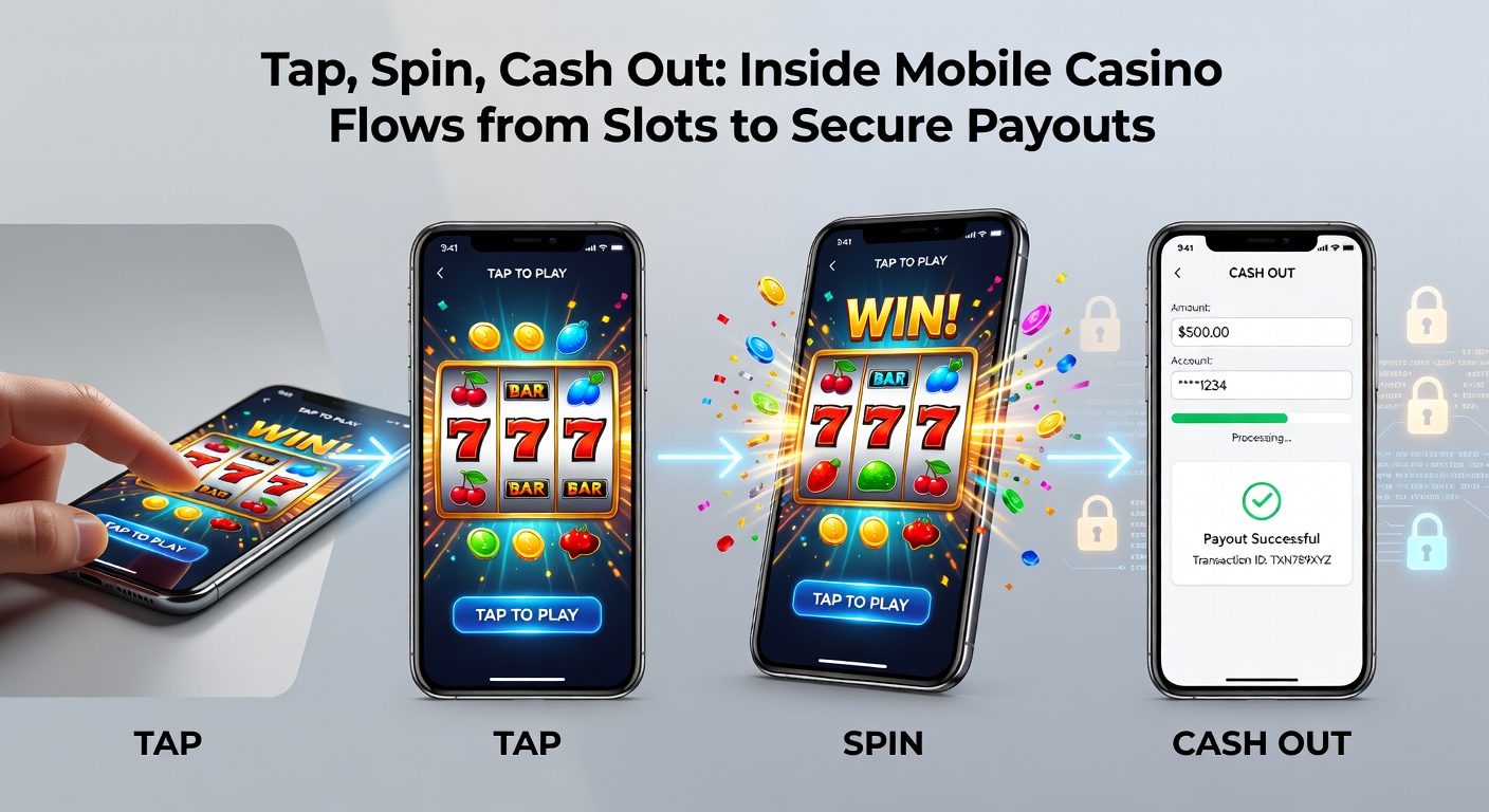 Grafiek van een cash-out proces op een mobiel casino-scherm, met stappen van verificatie tot geld op de rekening